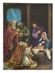Cena religiosa  Adoração dos Reis Magos. Reprinte de temática sacra representando a Adoração dos Reis Magos, com a Sagrada Família e os personagens em rica paleta cromática, halos dourados e composição tradicional de inspiração clássica. Montada em chassi de madeira. Obra sem autoria aparente, com pátina do tempo e sinais de envelhecimento no verso, compatíveis com a idade. Medida 40cm X 29cm.