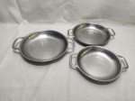 Jogo de 3 petisqueiras redondas em aço inox Tramontina. Medindo o maior 24cm de diâmetro.