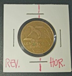 Moeda - Brasil - valor de 25 Centavos de Real !!  !! Reverso Horizontal !! data de 2008 !! dificil de aparecer !! valor de mercado cerca de 90,00 Reais !!