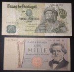 2 Cedulas - Estrangeiras !! Italia com valor de 1000 lire e Portugal com valor de 20 escudos !! decreto de 1971 !! material bem antigo @@