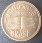 Moeda - Brasil !! valor de 1000 reis Globo maior data de 1935 em estado de Flor de cunho !! valor de mercqado cerca de 300,00 Reais !! valor inicial muito abaixo = 170,00 Reais !! peça dificil de aparecer !!