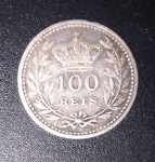 Moeda-  portugal !! valor de 100 reis !! em material prata !!  data de 1909 !! alto valor de emercado !! carca de 90,00 Reais !! lindo desenho da Coroa !!