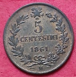  Moeda/ Italia - muito antiga !!Raridade 5 Centesimos ano de 1861 !!  alto valor de mercado  !! 
