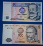 2 cedulas/ Peru - 10 e 100 intis !!! flor de estampa !!!