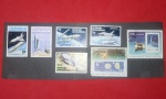 Filatelia, 7 selos, Cuba e Grenada comemorativos, onibus espacial