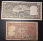 2 cedulas da India !! valor de 2 Ruples @@ bem antigas !! + 10 Ruples cor vermelha !! dificil de aparecer !! acervo de colecionador !!