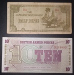 2 cedulas- estrangeiras !! HALF RUPEE !! emitida pelo governo do Japão na segunda guerra mundial durante a ocupação da China !! Raridade !!!! e 10 pence cedula militar da Inglaterra