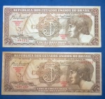 2 Cedulas/Brasil- 5 cruzeiros /Indio !! series 025 e 033  !! Soberbas  !! valor de mercado(somadas) = 48,00 Reais