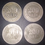 Moedas- brasil - 4 Moedas de valor de 200 Reis !! datas de 1889 + 1893 + 1894 + 1896 !! material cuproniquel !! ja estão escassas !! mais de 100 de existencia !!
