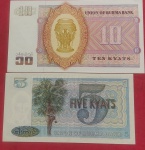 2 cedulas !! valor de 5 e 10 Kiats !! Burma Bank !! Soberbas; Flor de estampa !!