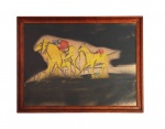 Júlio Vieira (1933-1999) : "Corrida de cavalos", óleo s. tela ass. centro dir. e dat. 1977. Med. 36 x 50 cm
