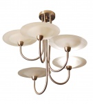 Lustre para cinco luzes com estrutura tubular cromada e cúpluas em vidro de forma circular , anos 70 . Med. 55 cm diam x 55 cm alt