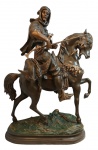Escultura em Peti-bronze representando "Caçador a Cavalo com Caças", peça rica em movimento. Medidas: Alt. 80 X 58 cm.
