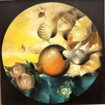 Alexandre Rapoport,                                                                                                                               "Enigmas"                                                                                                                                                         Óleo sobre tela.  Assinado e datado, 1973 meio inferior e verso, titulado e numerado 59                                                                                   Medidas sem moldura:   60 x 60 cm.     com moldura:  86 x 86 cm.