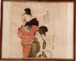 Utamaro - Pintura sobre seda japonesa com figuras.  Medidas 43 x 53 cm.