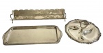 Metal espessurado a prata - Três peças, sendo uma bandeja retangular, uma petisqueira tripartida e um cesto decorativo com alças. Medindo: 20 x 8,5 cm; 33 x 14 cm; 34 x 11,5 x 6 cm.