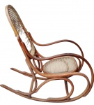 Cadeira de balanço estilo austríaco (Thonet), em madeira curvada. Apresenta encosto com palhinha danificada, necessitando reparo/restauração. Estrutura firme. Medidas: 106 x 51 x 46 cm.