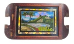 Grande bandeja em madeira marchetada decorada, representando " Pão de açúcar " - Rio de janeiro" , Medindo 48 X 29 cm ( alças quebradas)