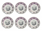 PERCIA WAKS - Conjunto com 6 pratos de coleção para parede, confeccionado em porcelana branca inglesa, esmaltado e policromado, decorado com borda rosa e preto, e no centro retratando cotidiano de época em vilarejo, Inglaterra final do século XIX; ; medindo 18,5 cm ( 1 ap. fio)