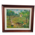 Manoel Santiago (1897 - 1987)  Óleo sobre tela representando paisagem com figuras, assinada no canto inferior direito e no verso. A obra apresenta moldura em madeira. Medidas: 63 x 54 cm (moldura) e 44,5 x 36,5 cm (tela).