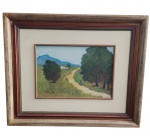 Bustamante Sá  Óleo sobre tela representando paisagem com caminho e figura, assinada no canto inferior esquerdo e no verso. A obra encontra-se emoldurada. Medidas: 61 x 50 cm (moldura) e 34 x 24 cm (tela).