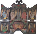 Antônio de Andrade Anjos - Retábulo de mesa executada em madeira nobre ricamente entalhada e policromada. Medindo: 60 x 62 cm. Assinado e datado.