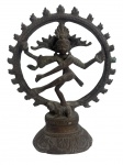 Escultura indiana em bronze representando Shiva Nataraja, o Senhor da Dança Cósmica. A peça exibe rica simbologia espiritual, com a figura envolta em arco de chamas e base decorada. Trabalho artesanal de inspiração hindu, com pátina natural e traços finos que revelam sua expressividade e caráter devocional. Ideal para colecionadores e ambientes de meditação. Mede 13cm x 10cm.