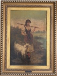 EUROPA - F.RICARDI - Obra em óleo sobre tela Cena campestre europeia, retratando jovem camponesa com ancinho e ovelha, em paisagem bucólica com assinatura no canto inferior direito F. Ricardi. Moldura antiga em madeira dourada, ricamente trabalhada, período provável final do século XIX.  Apresenta marcas do tempo compatíveis com a idade. Medida da obra 64 x 44 cm. Medida total 86 x 65 cm.
