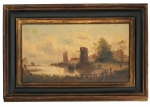 ESCOLA EUROPEIA SÉC. XVIII Obra em óleo sobre tela, representando paisagem fluvial com moinho, embarcações à vela e personagens em primeiro plano, composição de atmosfera campestre e arquitetura ao fundo. Apresenta craquelê natural do tempo. Moldura em madeira patinada. Meados séc. XVIII. Medida da obra 64 x 35 cm. Medida total 81 x 54 cm.