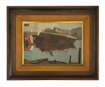 ORLANDO BRITO (1957 ) Cemitério de Navios. Óleo sobre placa representando embarcação abandonada em paisagem portuária com reflexo nas águas. Assinado Brito e datado na composição em 1973. No verso, identificação da obra. Emoldurado. Medida da obra 32cm x 45cm. Medida total 57cm x 70cm.