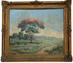 CASEMIRO RAMOS FILHO (Rio de Janeiro 1905 / 1976) - Obra em óleo sobre tela, assinada no canto inferior esquerdo, datada 1957, intitulada no verso "sapucheiro em flor", protegida por moldura de madeira adornada com florões e acabamento em ouro velho. Sinal de restauro. Medida da obra 68 x 58 cm. Medida total 76 x 86 cm.