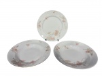 PORCELANAS, três (3) pratos, sendo 1 raso e 2 fundos, confeccionados em porcelana na tonalidade branca, decorado por elementos florais em policromia, vestígios de filete em ouro, medindo 23cm todos 3 pratos.