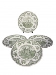 Cerâmica Matarazzo (Fundada no início do século XX, a fábrica ficava em São Caetano do Sul, São Paulo), seis (6) pratos rasos confeccionados em faiança na tonalidade branca, ricamente decorada por paisagem de castelo, elementos florais e vegetalistas na tonalidade verde, borda em recortes, medindo 23cm, apresenta 1 bicado e alguns com falhas na vitrificação na borda.