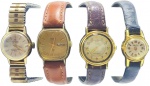 RELÓGIOS, quatro (4) relógios de pulso, sendo: A) 1 relógio da marca TOVARE DELUXE, com caixa circular em metal dourado, mostrador claro, pulseira expansível em metal dourado, apresentando sinais do tempo e do uso, medindo 2cm; B) 1 relógio da marca Seiko Quartz, com caixa quadrangular em metal dourado, mostrador dourado com calendário duplo, pulseira em couro marrom, apresentando sinais do tempo e do uso e falhas na douração, caixa medindo 2x2cm; C) 1 relógio da marca Citizen Quartz, com caixa circular em metal dourado, mostrador claro com numeração arábica, pulseira em couro marrom, apresentando sinais do tempo e do uso, medindo 2,5cm e D) relógio da marca MuDu, com caixa circular em metal dourado, mostrador claro, pulseira em couro preto, apresentando sinais do tempo e do uso, medindo 1,5cm. Não testados e sem garantia de funcionamento.