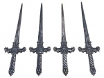 METAL PRATEADO, quatro (4) abridores de cartas no feitio de espada confeccionados em metal espessurado a prata da manufatura EBERLE, apresentam falhas na prateação e leves 17,5cm.