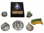 MILITARIA, lote com seis (6) peças comemorativas e insígnias de temática naval, sendo: A) um (1) broche circular esmaltado N.R.T. Ary Parreiras; B) um (1) distintivo esmaltado Quartel de Marinheiros; C) uma (1) placa de madeira com aplique metálico/esmaltado e cartela frontal; D) uma (1) medalha oval do Centro Médico Naval do Rio de Janeiro; E) duas (2) medalhas metálicas, sendo uma com fita bicolor. Peças em metal, algumas esmaltadas, apresentando sinais do tempo, desgastes, oxidação e marcas de uso, vendidas no estado da foto, maior peça medindo 8x5,5cm e menor 2cm.