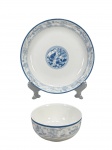 PORCELANA ORIENTAL, duas (2) peças, sendo: A) 1 prato fundo, medindo 20cm e B) 1 bowl, medindo 5x11cm, confeccionadas em porcelana oriental na tonalidade branca com pintura de  aves e elementos vegetalistas na técnica BLUE AND WHITE.