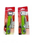 DIVERSOS, dois (2) abridores do tipo saca-rolhas multifuncionais, com abridor de garrafas e pequena lâmina articulada incorporados, cabos em material plástico na cor verde e partes metálicas cromadas, acompanhando embalagens cartelas originais, medindo 14cm.