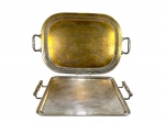 METAL PRATEADO, duas (2) bandejas retangulares, confeccionadas em metal espessurado a prata, sendo: A) BELLINI, uma com rico cinzelado de elementos florais e vegetalistas, galeria em gomos e alça vazada, necessita banho, medindo 67x43cm e B) BEL PRATA, uma com rico cinzelado de elementos vegetalistas e alças laterais vazadas em torneados, medindo 49,5x33cm, falhas na prateação.