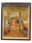 QUADRO, uma (1) reprodução publicitária da PARFUMERIE GELLÉ FRÈRES, apresentando cena de interior com personagens em trajes de época, protegida por vidro e emoldurada. Apresentando sinais do tempo, medindo 52,5x42cm.