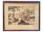 QUADRO, uma (1) gravura colorida intitulada FOX HUNTING. Nº 3. / LA CHASSE AU RENARD, representando cena de caça à raposa com cavaleiros, matilha e paisagem campestre, protegida por vidro e emoldurada. Datada na prancha de 25 de março de 1808. Apresentando leves sinais do tempo, medindo 49x59,5cm.