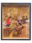 QUADRO, uma (1) reprodução publicitária da PARFUMERIE GELLÉ FRÈRES, apresentando cena de salão com personagens em trajes de época, protegida por vidro e emoldurada. Apresentando sinais do tempo e desgastes. vide foto, medindo 52,5x42cm.