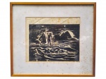 QUADRO, uma (1) xilogravura, representando cena com personagens à beira dágua, protegida por vidro e emoldurada. Apresentando manchas de umidade, oxidação no fundo e sinais do tempo, medindo 43x49cm e obra 21,5x29cm.