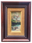ASS. DESCONHECIDA, "Paisagem", OST., moldura em madeira escura, medindo 38,5x28,5cm e tela 19x9,5cm.