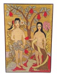 TAPEÇARIA, uma (1) tapeçaria, representando Adão e Eva, no Jardim do Éden. Moldura em madeira escura, medindo 134,5x92cm, apresentando falhas na tapeçaria e na moldura.