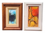 QUADROS, lote com dois (2) quadros, sendo: A) MARCELO MARINI (artista italiano nascido em 1901), "Cavalo", OSM. com moldura em madeira patinada na cor branca, medindo 39x25cm e obra 28x13,5cm e B) ASS. DESCONHECIDA, OST. "Paisagem", moldura em madeira escura, medindo 38x27,5cm e tela 20,5x10cm. Falhas na moldura, sem garantia de autenticidade.