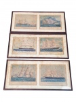 QUADRO, seis (6) gravuras coloridas em, 3 molduras, representando clipper ships em navegação, protegidos por vidro e emoldurados em madeira escura. Apresentando manchas, pontos de oxidação e sinais do tempo, medindo 30x64cm.