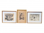 QUADRO, três (3) gravuras, sendo: A) Djanira da Motta e Silva (1914-1979), xilogravura representando personagem em rede, assinada no canto inferior direito, medindo 32,5x28,5cm e obra 20x26cm, B) gravura figurativa em preto e branco, representando criança com animal ao colo, manchas, medindo 36x26cm e C) Djanira da Motta e Silva (1914-1979), xilogravura representando interior de engenho com personagens em atividade. Todas protegidas por vidro e emolduradas, apresentando sinais do tempo, medindo 32,5x38,5cm e obra 20x26cm.