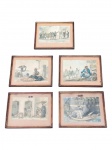 QUADROS, cinco (5) pequenas gravuras coloridas, representando cenas de costumes e cotidiano, com personagens em atividades diversas, protegidas por vidro e emolduradas. Apresentando sinais do tempo, medindo 21x26,5cm.