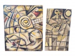 QUADRO, duas (2) pinturas sobre tela, sendo: A) composição abstrata, sobre eucatex, assinada Alfronzo no canto inferior, datado de 1979, medindo 32x26,5cm B) composição cubista/figurativa, sobre eucatex, representando personagem com instrumento musical, possivelmente assinada Yutride Myhalya no canto inferior, medindo 29,5x16,5cm.